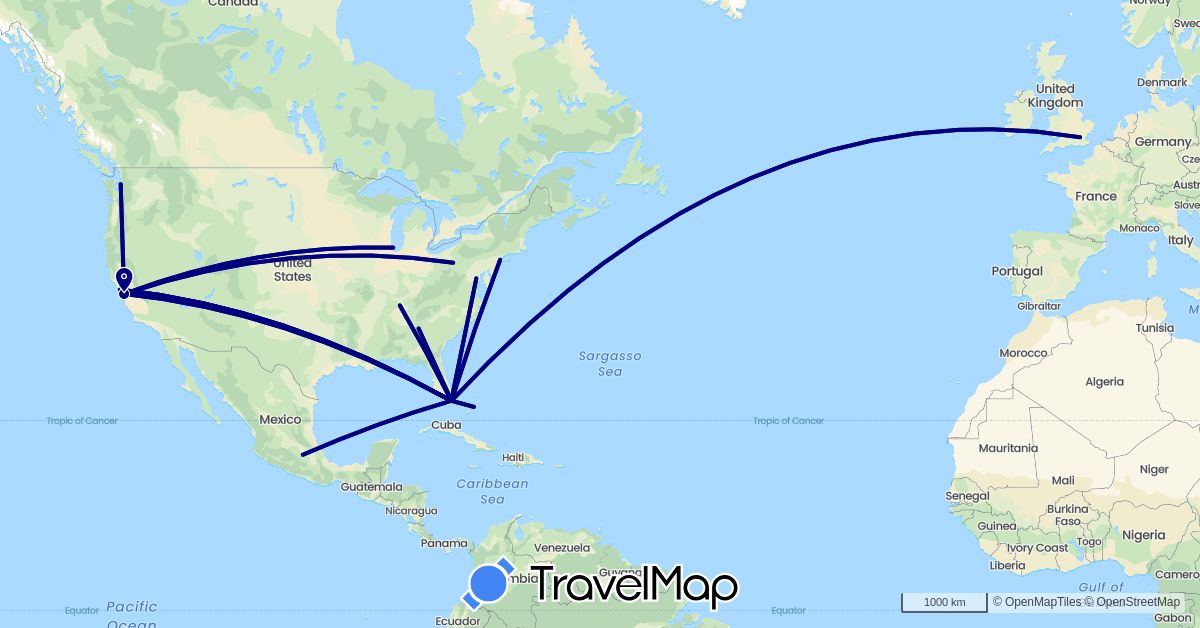 TravelMap itinerary: driving in Bahamas, United Kingdom, Mexico, United States (Europe, North America)